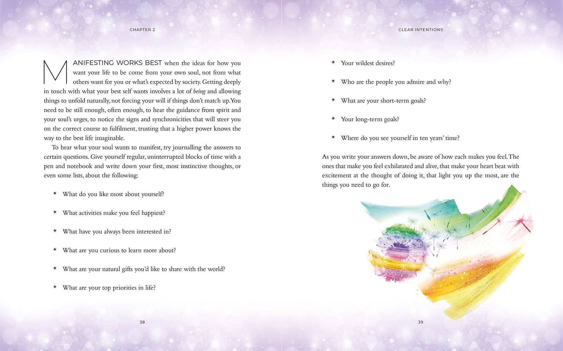 Open book with text and colorful abstract design on a purple background