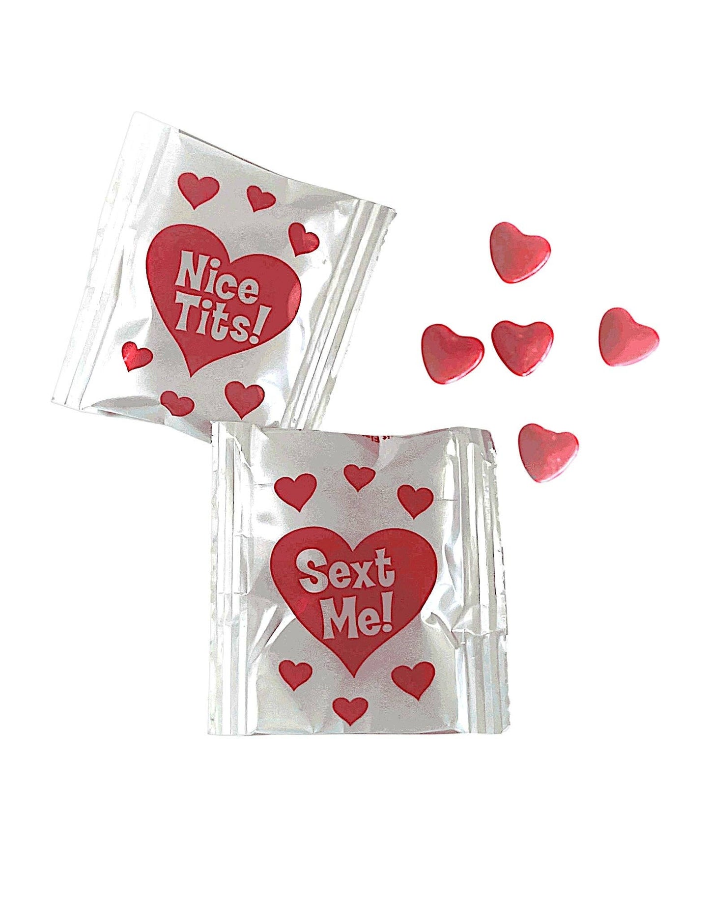 Two clear plastic bags with red hearts and text on a white background
