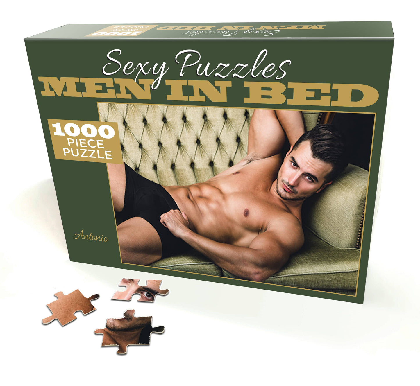 Jigsaw puzzle box titled 'Men in Bed' with a man on a couch, featuring puzzle pieces.
