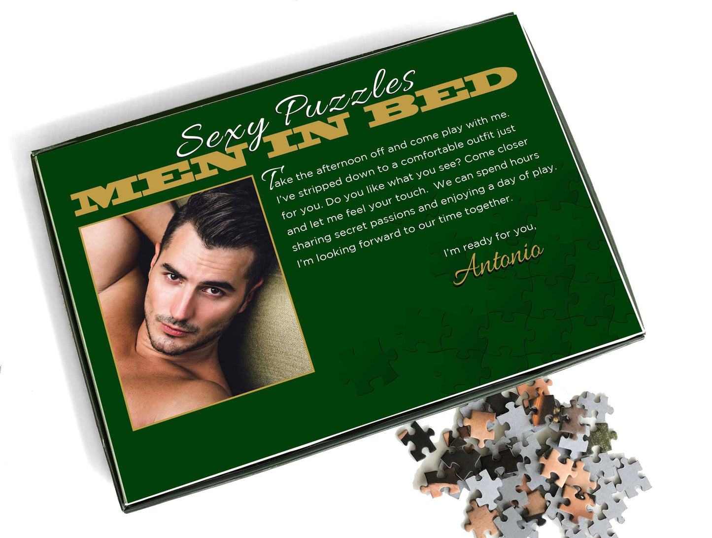 Jigsaw puzzle box titled 'Sexy Puzzles Men in Bed' with a man's face on a green background.