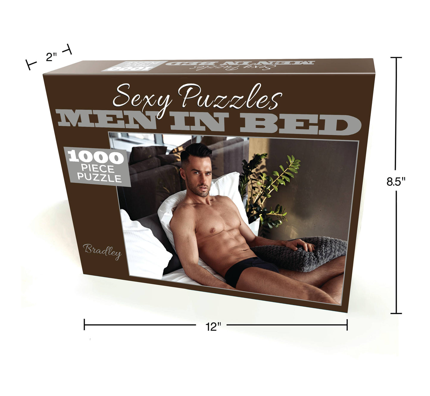 Box of 'Sexy Puzzles Men in Bed' 1000 piece puzzle with dimensions displayed.