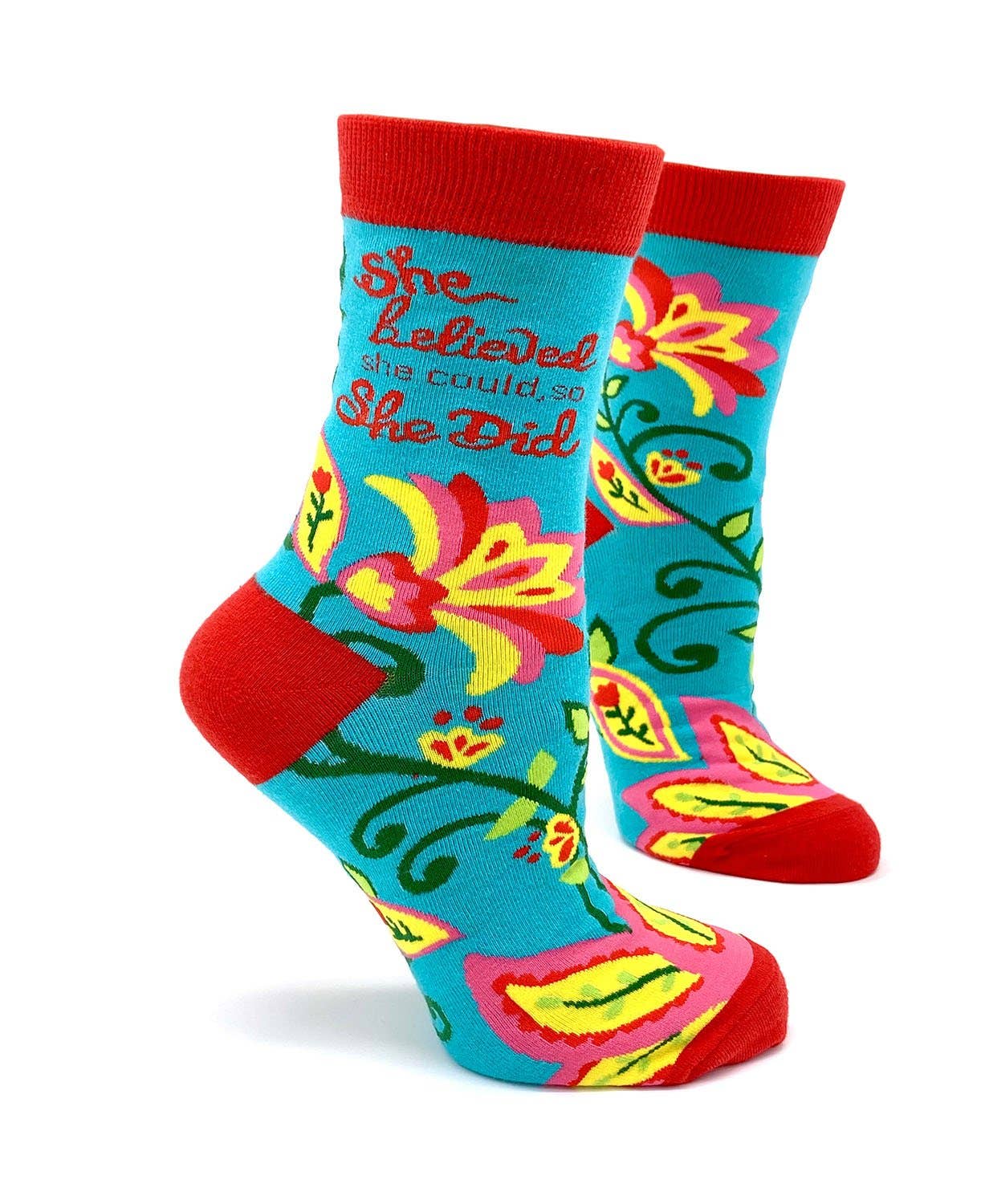 Colorful socks with floral designs and text on a white background