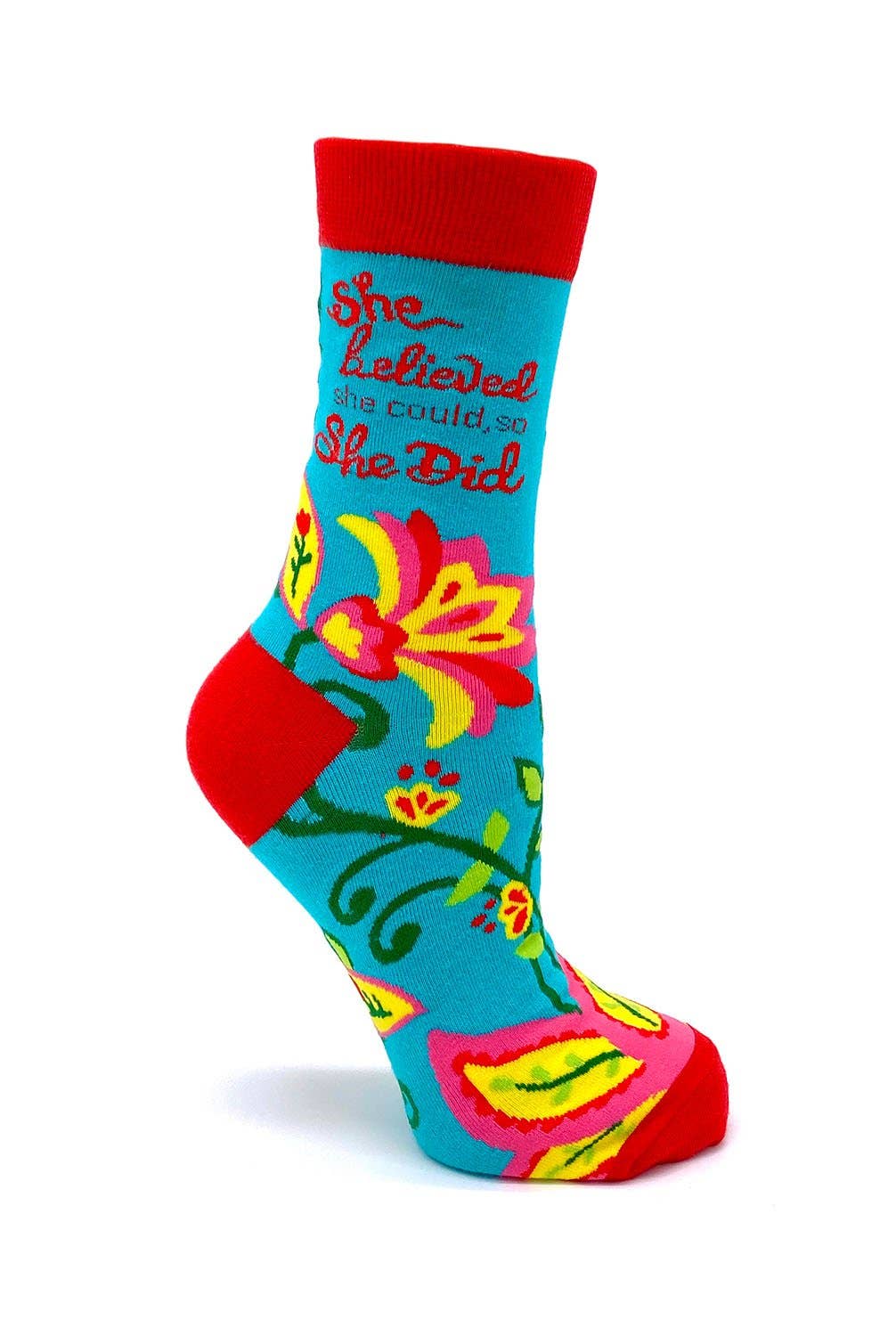 Colorful sock with floral design and text on a white background
