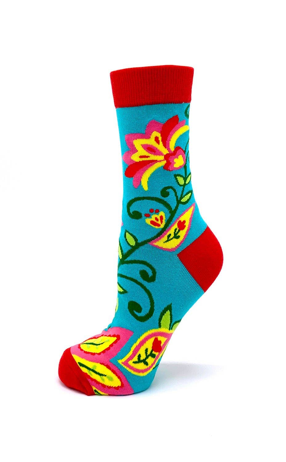 Colorful floral-patterned sock on a white background