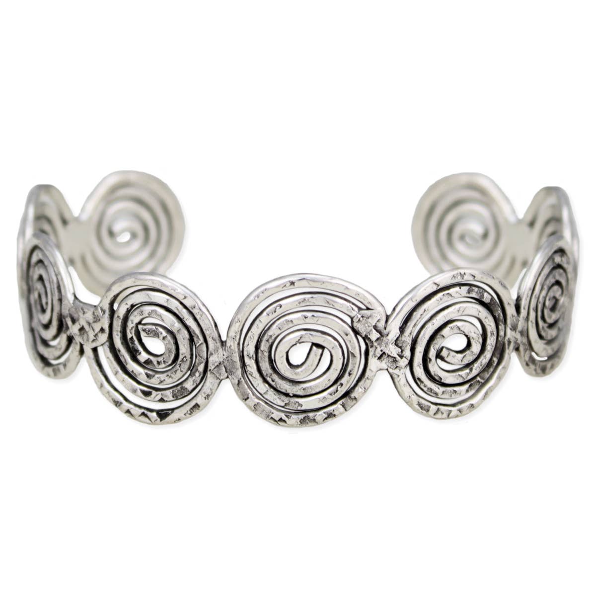 Silver spiral bracelet on a white background