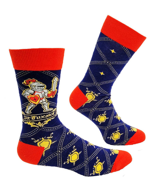 Pair of socks with red cuffs and toes, featuring a knight and shield design on a blue background.