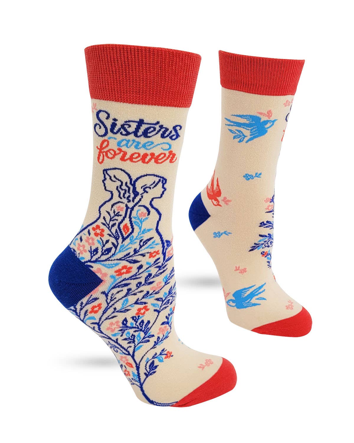 Colorful socks with floral design and text 'Sisters are forever' on a white background