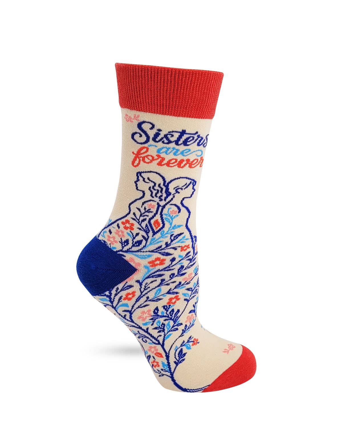 Sock with floral design and 'Sisters are forever' text on a white background