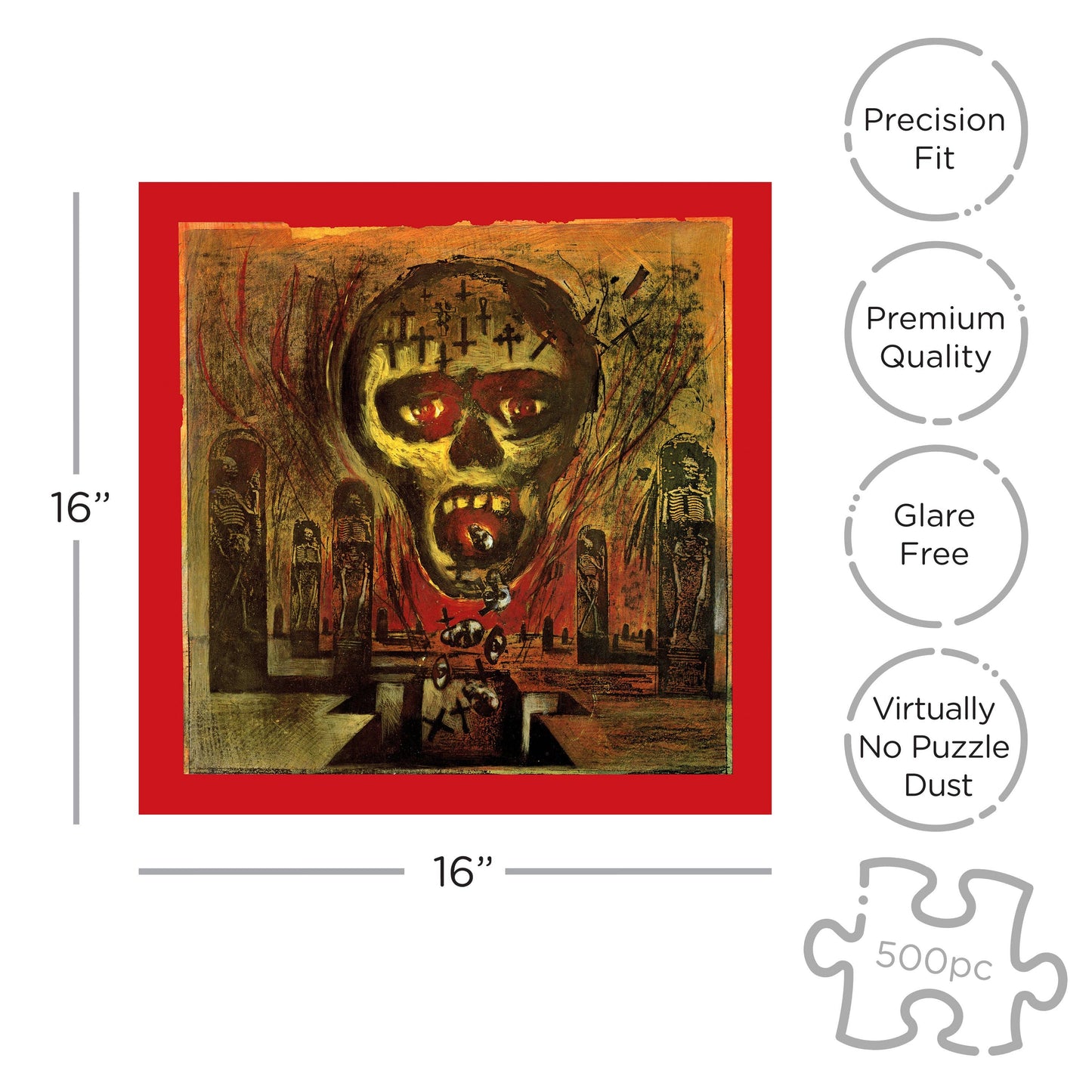 Jigsaw puzzle with a skull-themed artwork and product features on a white background