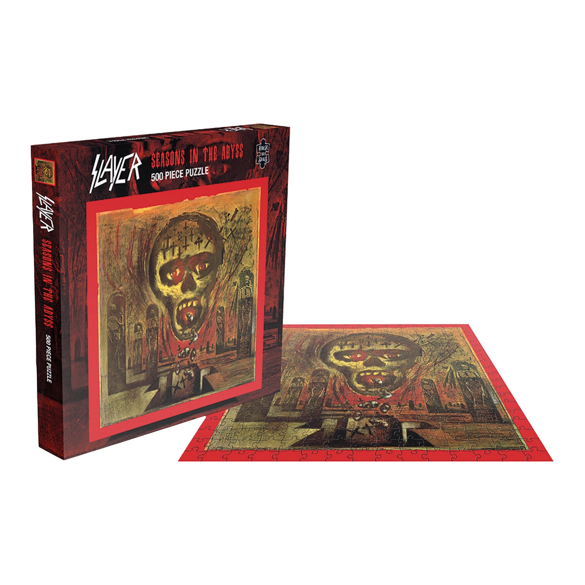 Slayer 'Seasons in the Abyss' 500 piece puzzle with packaging on a white background