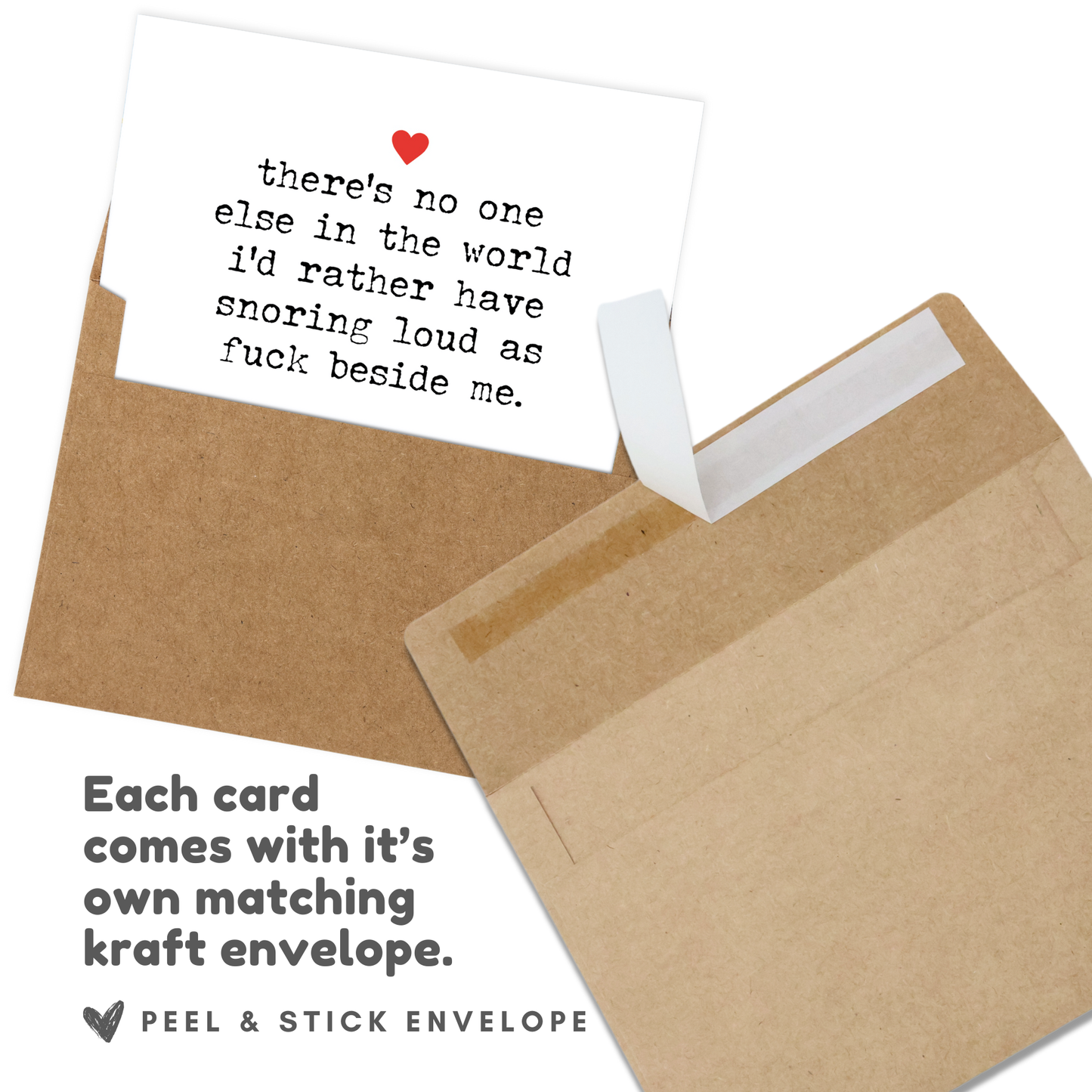 Card with humorous text and a heart symbol on a matching kraft envelope.