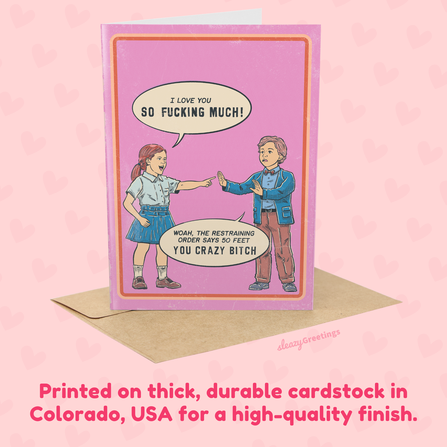Card with cartoon characters and text on a pink background, printed in Colorado, USA.