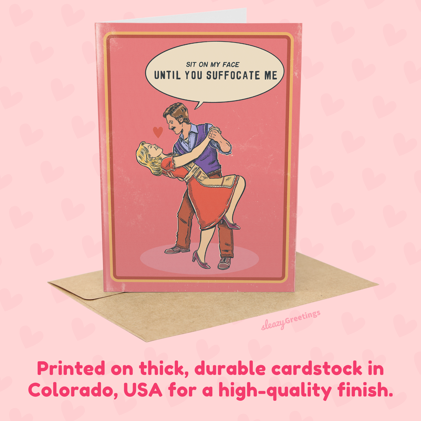 Card with a graphic of a person overpowering another, on a pink background with text about cardstock quality.