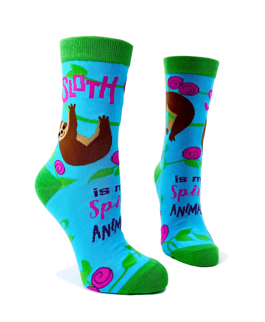 Colorful socks with sloth design and text on a white background