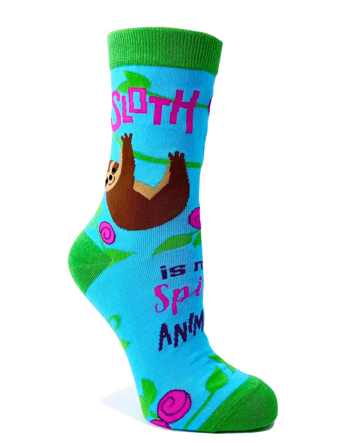 Colorful sock with sloth design and text on a white background
