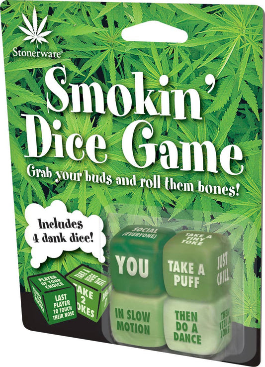 Packaging of 'Smokin' Dice Game' with dice and text on a green leafy background.