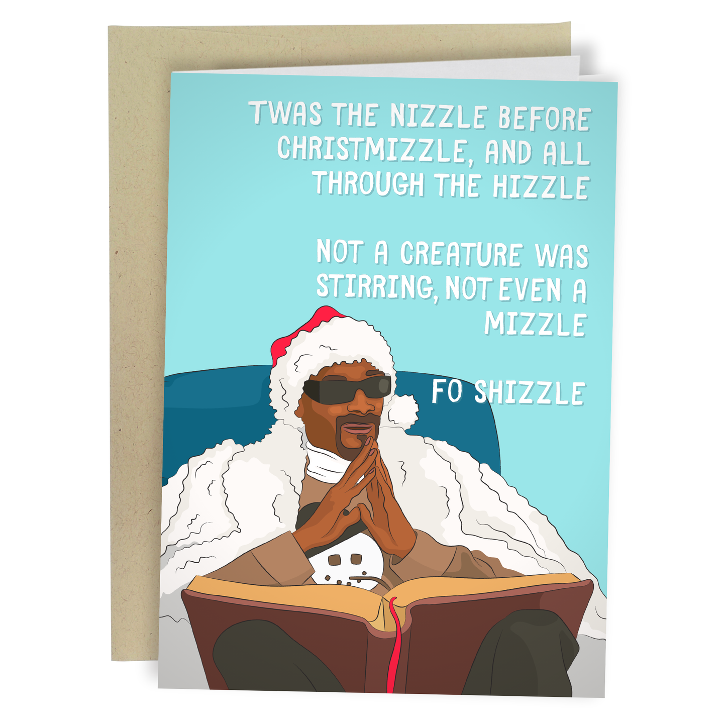 Holiday card with a person in a Santa hat and sunglasses reading a book, with humorous text.