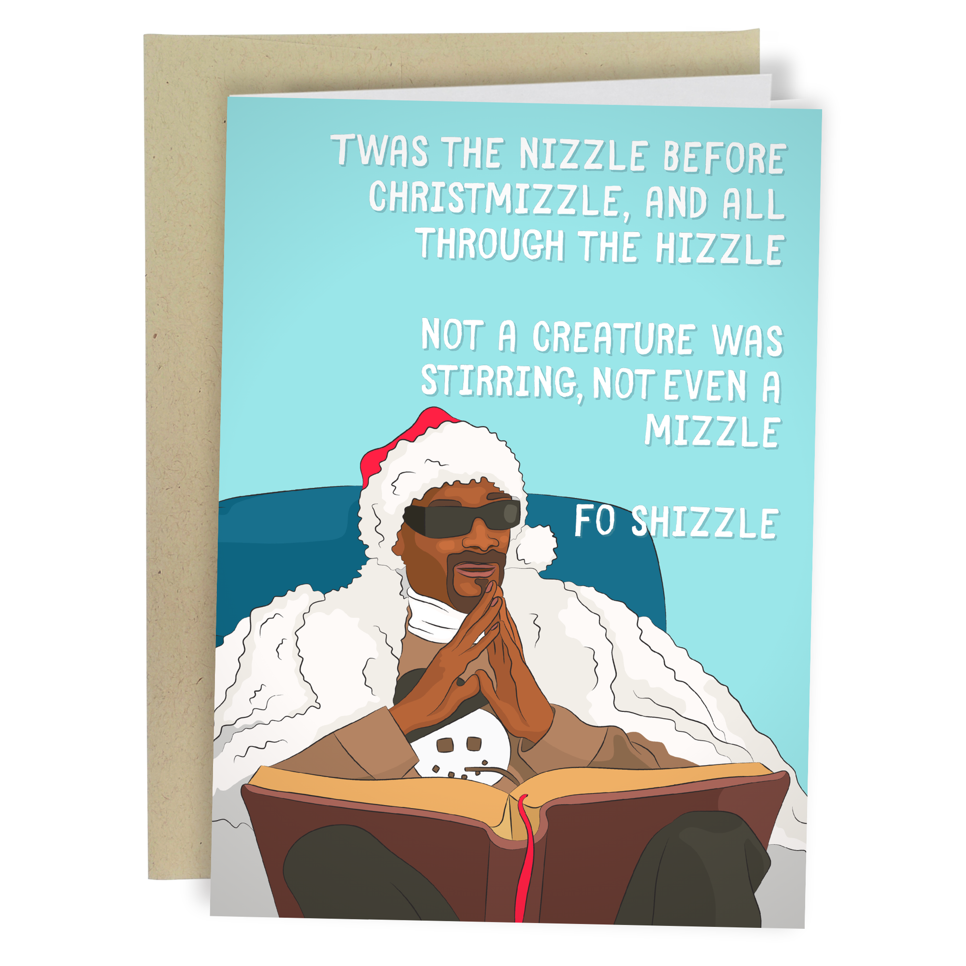 Holiday card with a person in a Santa hat and sunglasses reading a book, with humorous text.
