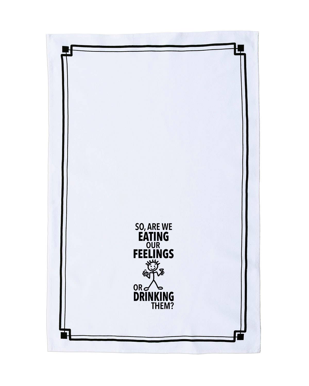 White towel with black text and graphics on a white background