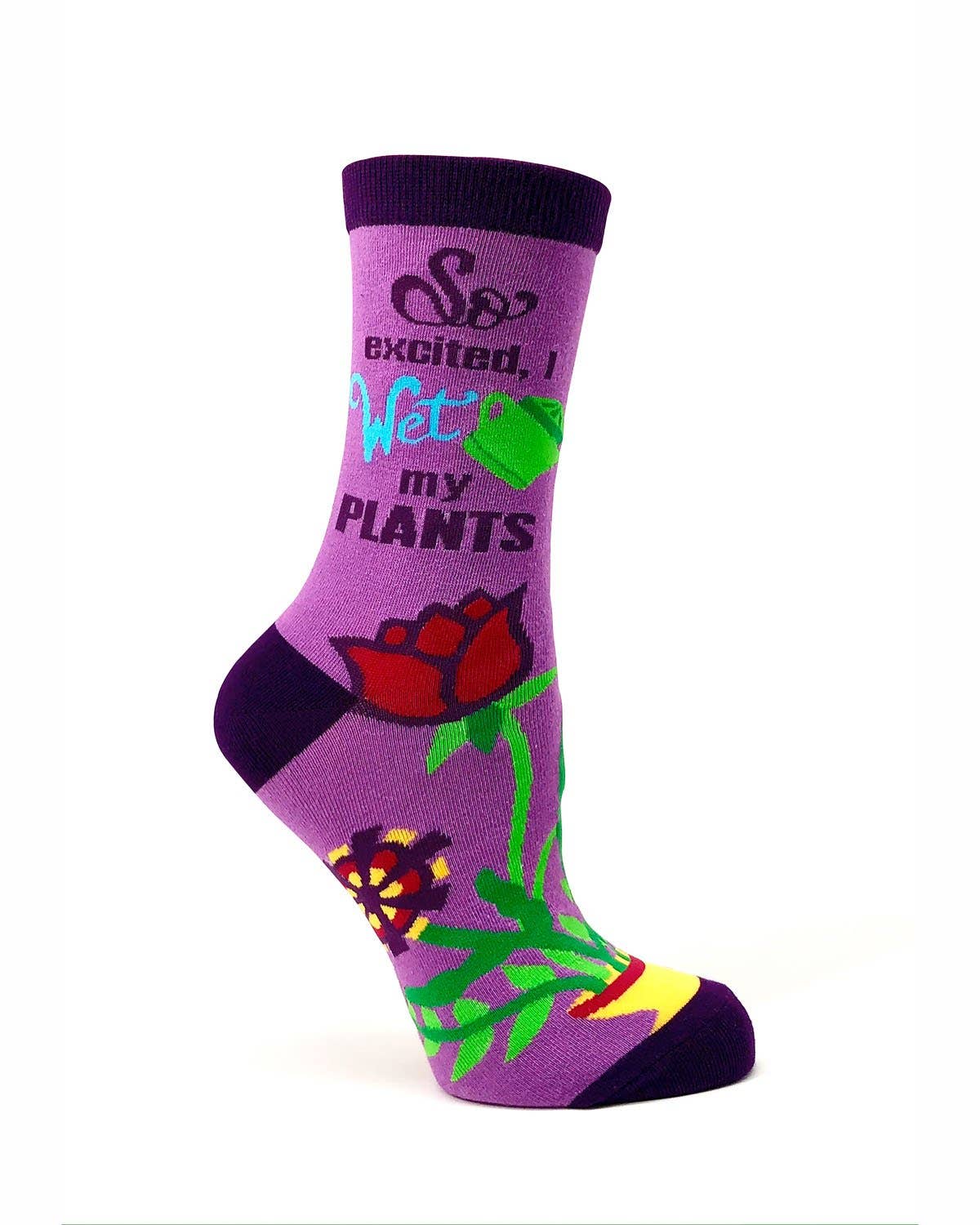 Purple sock with floral design and text on a white background
