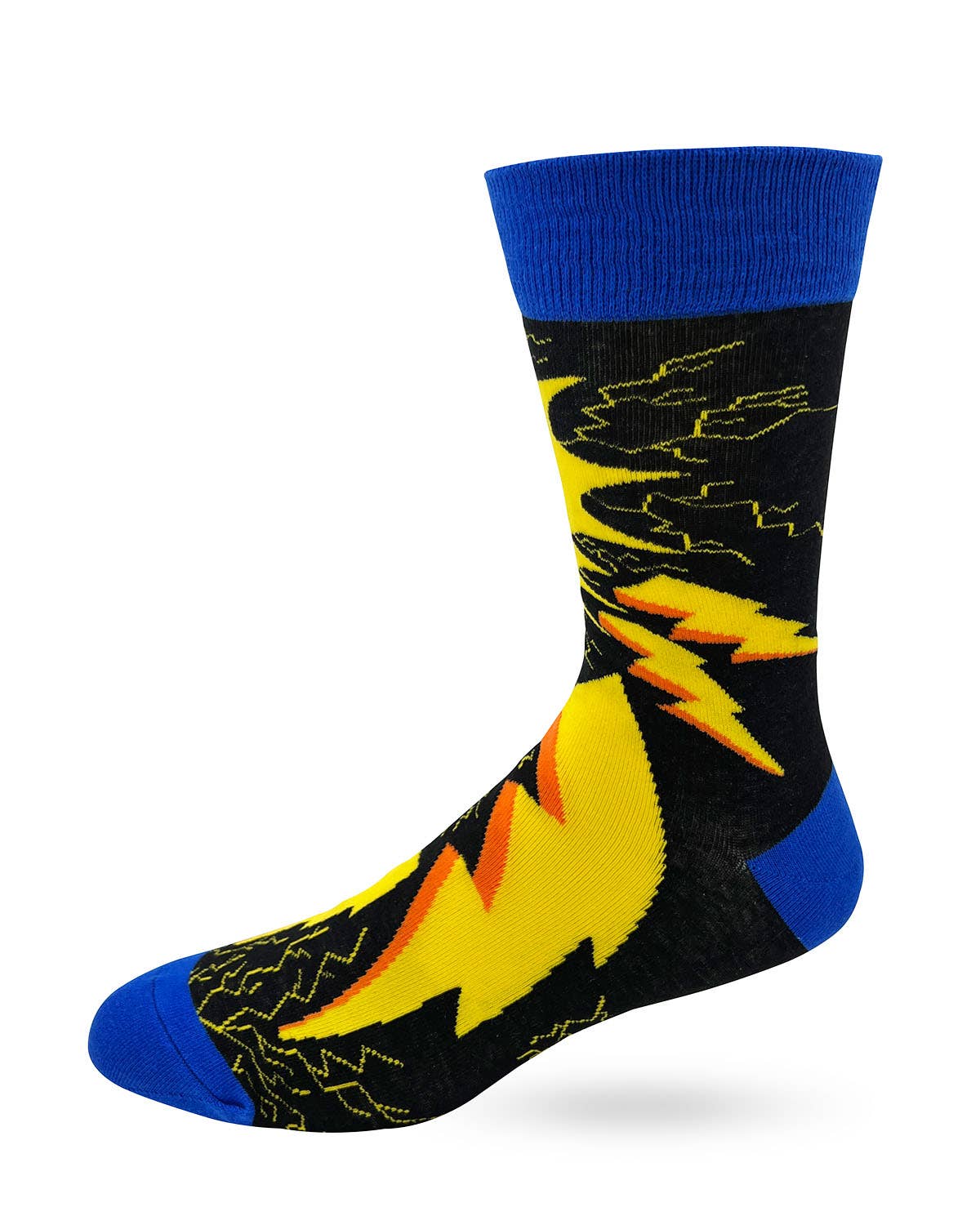 Sock with yellow lightning bolt design on a black background with blue accents