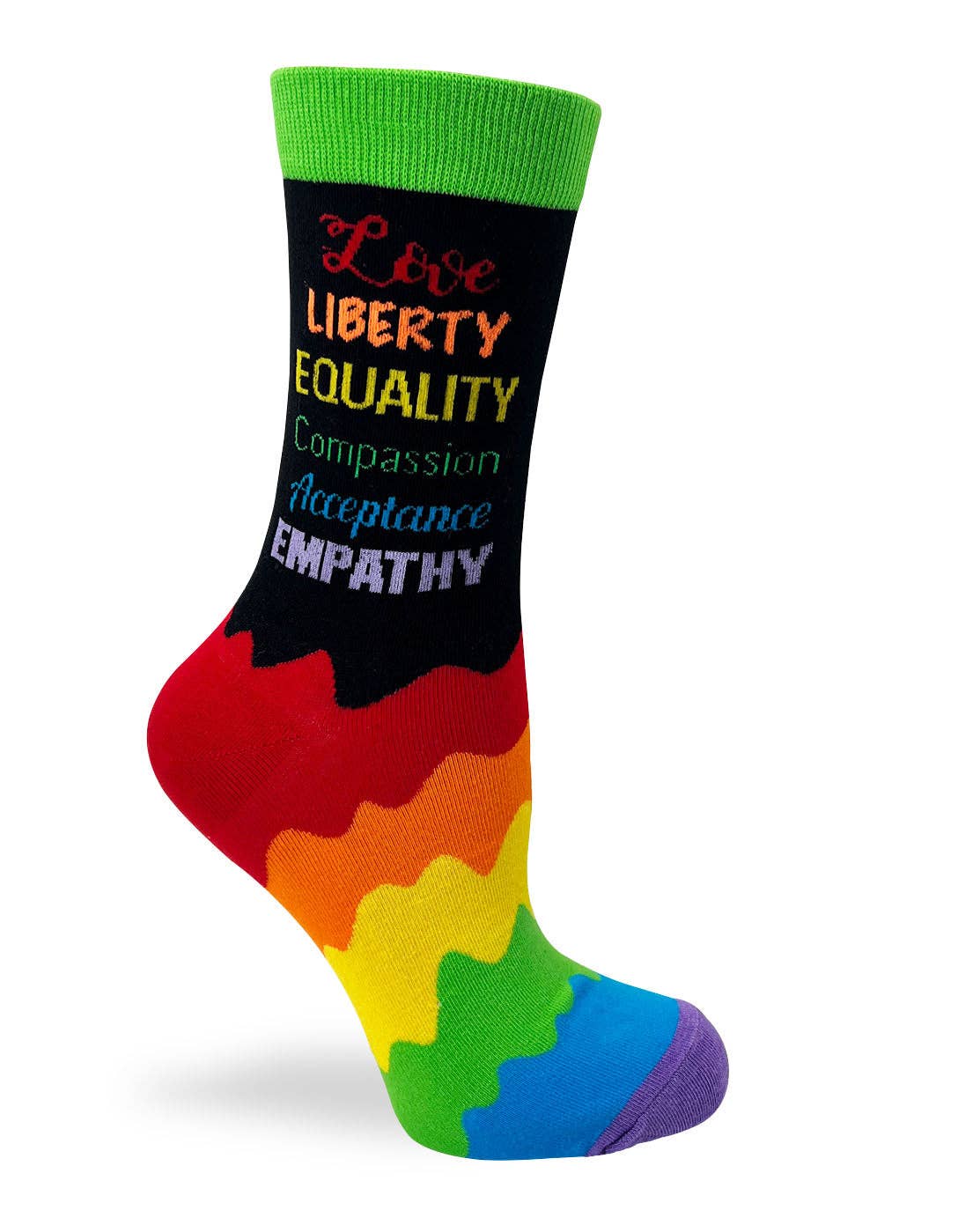 Colorful sock with rainbow pattern and text on a white background