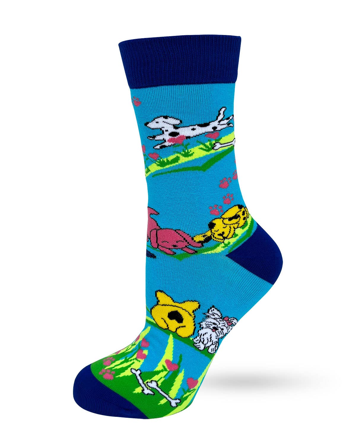 Colorful sock with dog illustrations on a white background