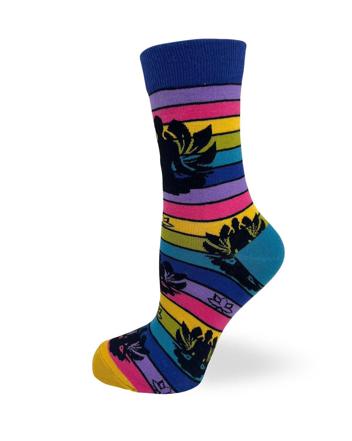 Colorful sock with striped pattern and black abstract designs on a white background