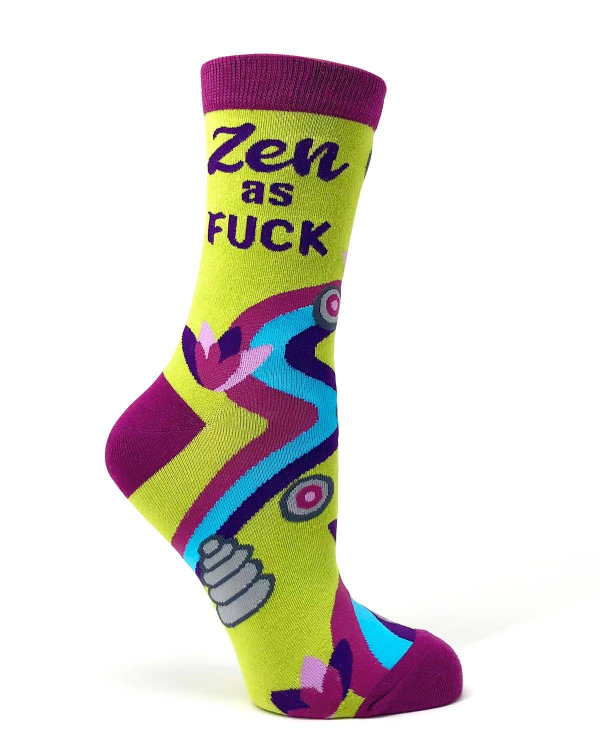 Colorful sock with abstract design and text on a white background
