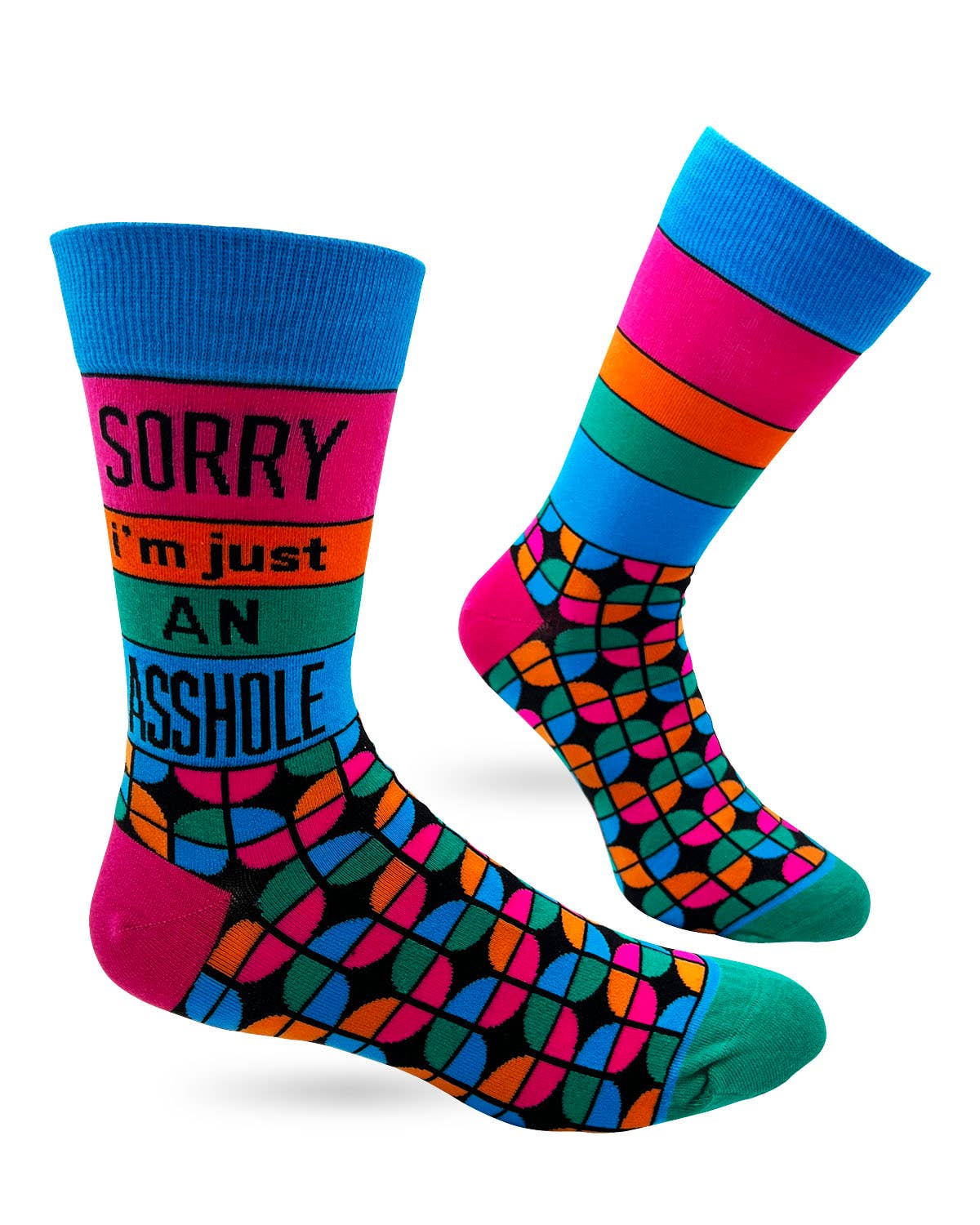 Colorful socks with text and patterns on a white background