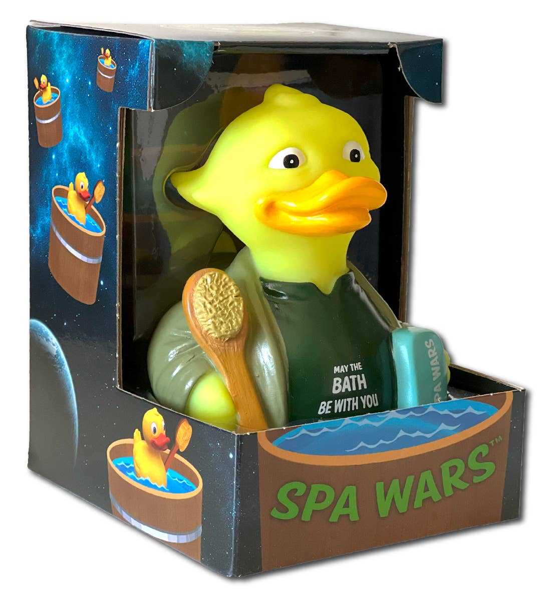 Rubber duck with a bath brush in packaging labeled 'Spa Wars'