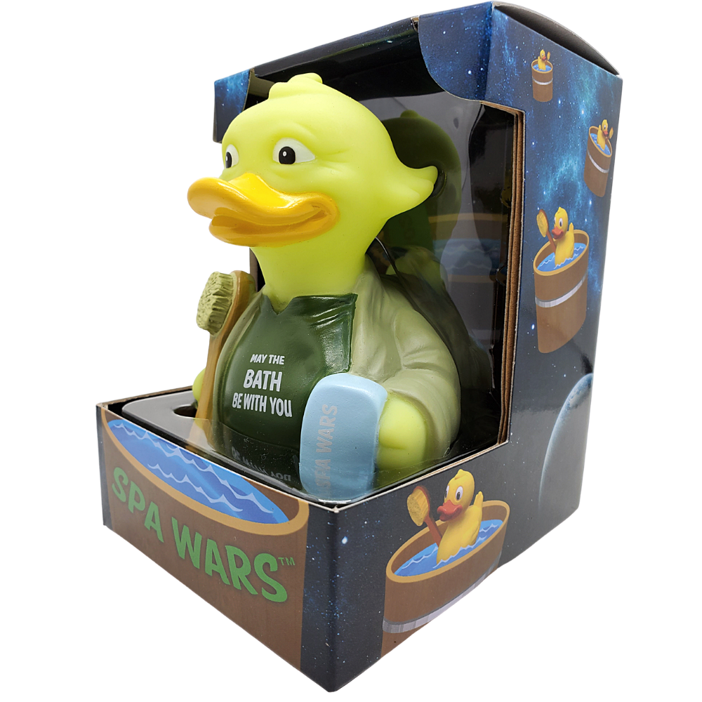 Yellow rubber duck with a bottle in a 'Spa Wars' themed packaging