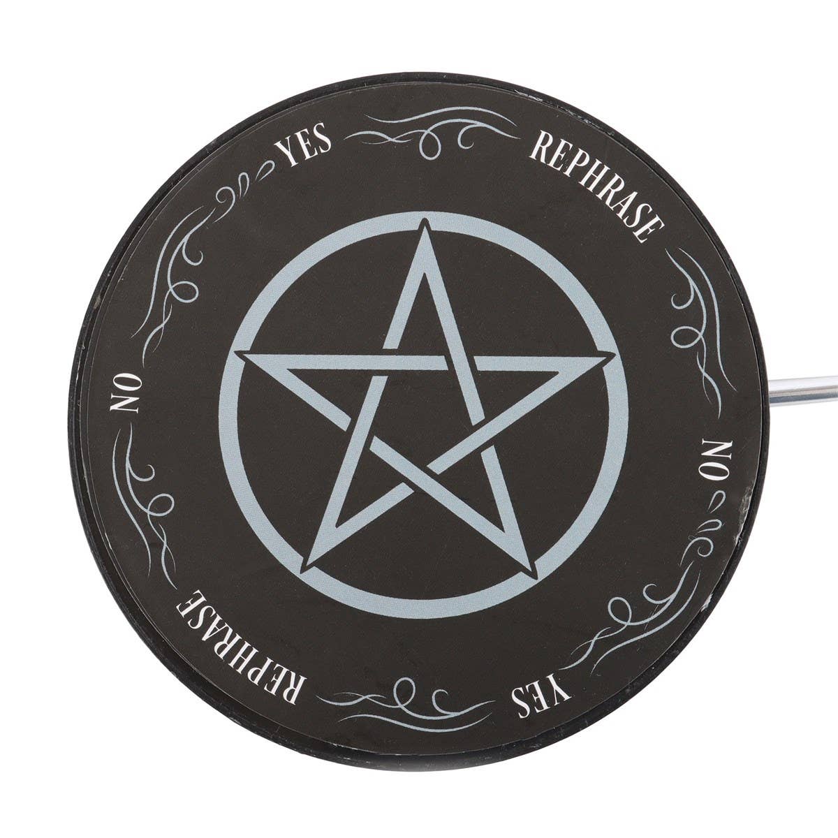 Black circular device with a pentagram symbol and yes/no options on a white background