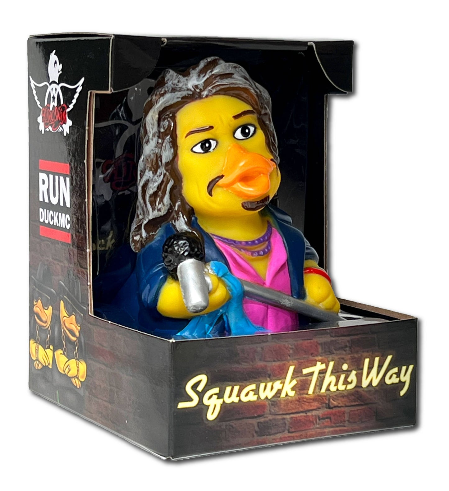 Rubber duck with a costume in a box labeled 'Squawk This Way' from Run Duck MC.