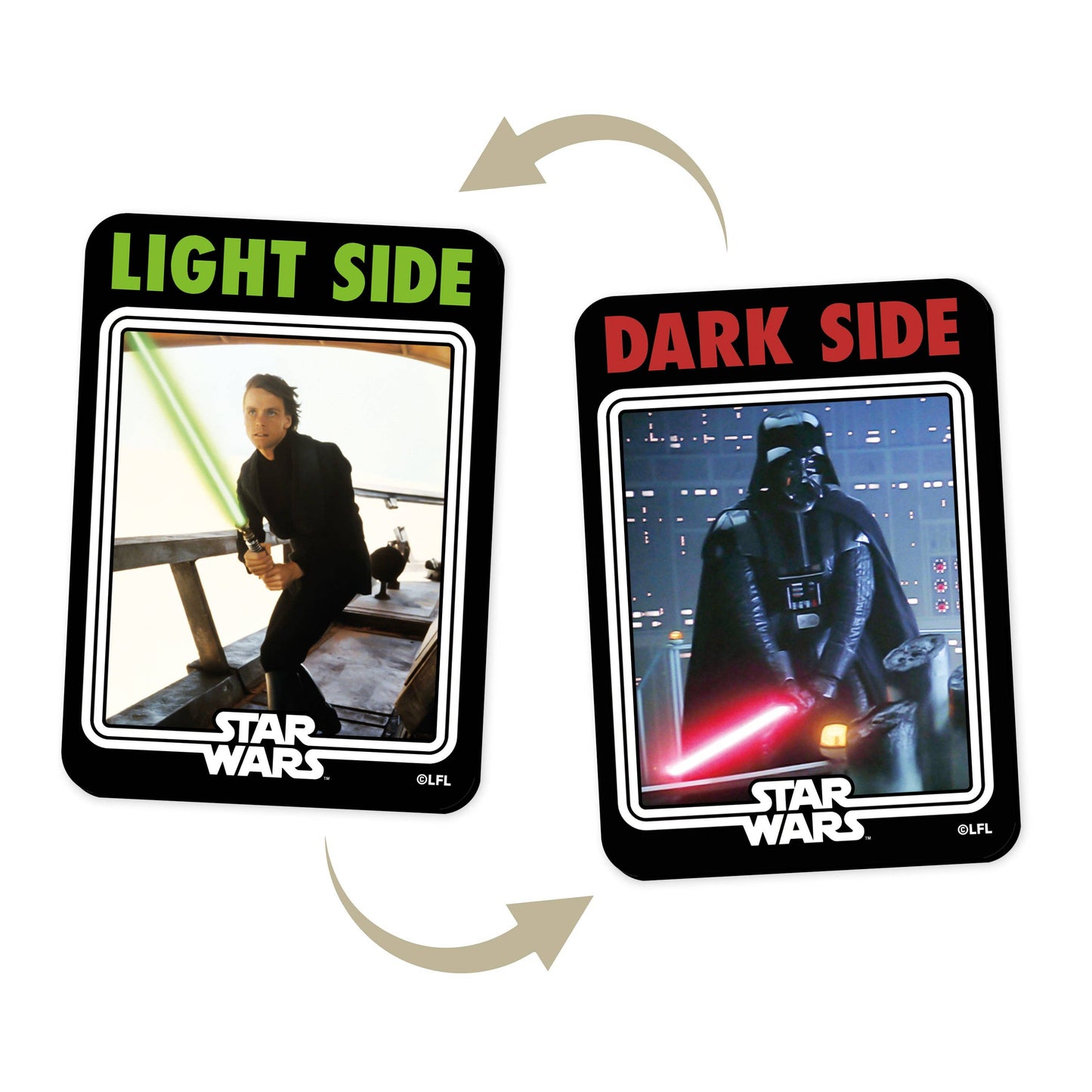 Two 'Star Wars' themed cards, one labeled 'Light Side' with a character holding a lightsaber, and the other labeled 'Dark Side' with Darth Vader.