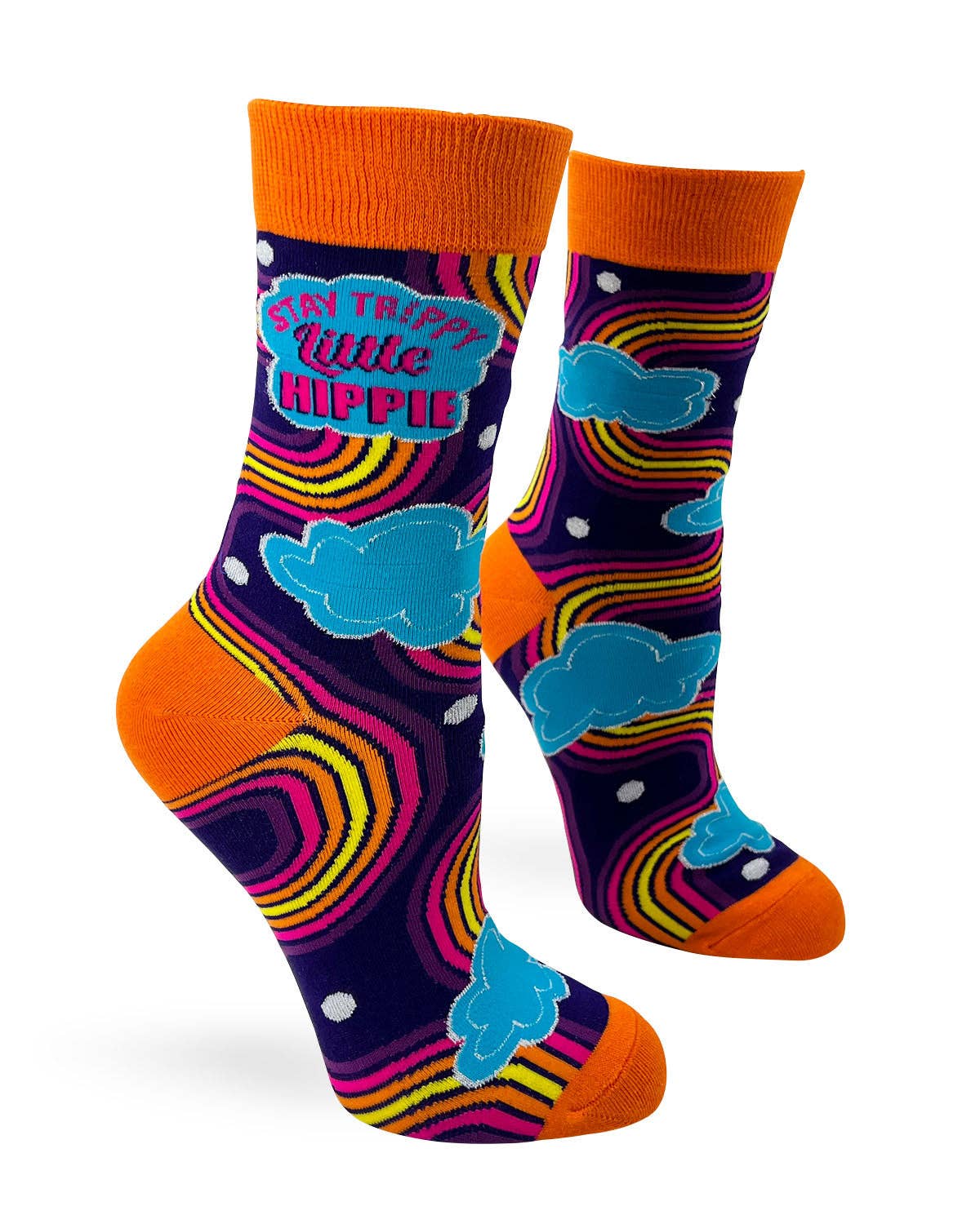 Colorful socks with cloud design and text on a white background