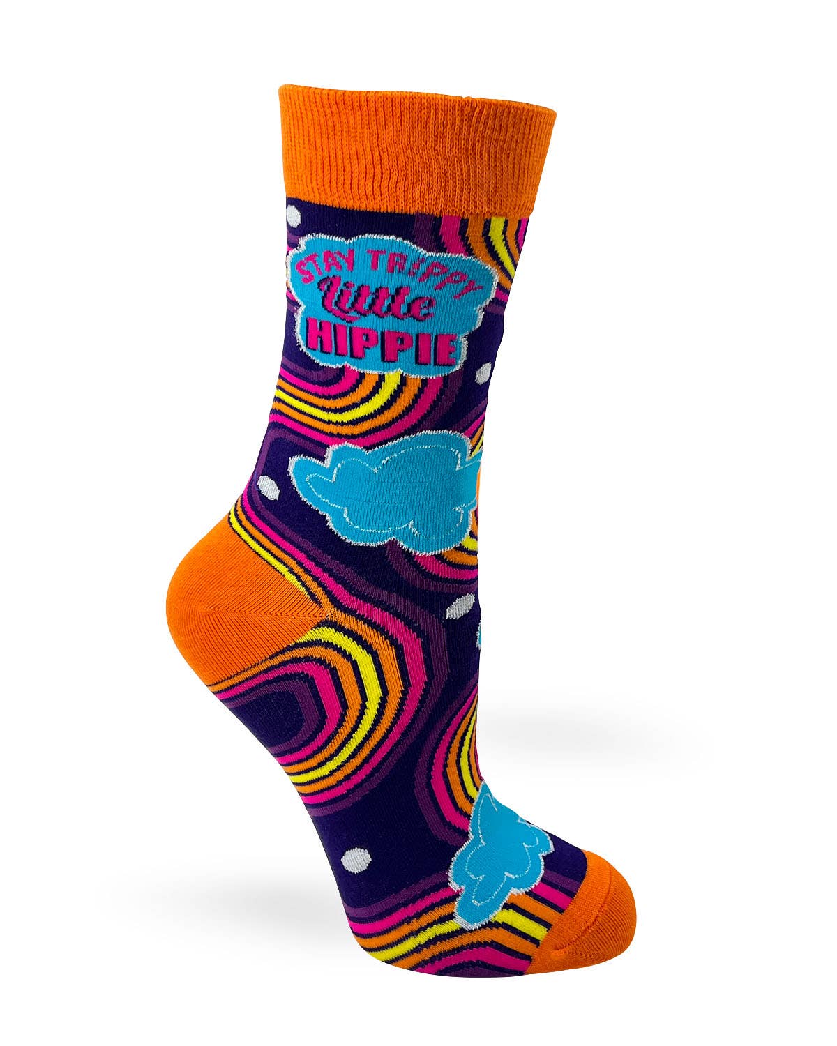 Colorful sock with 'She's Trippin' Little Hippie' text and hippie cloud design on a white background