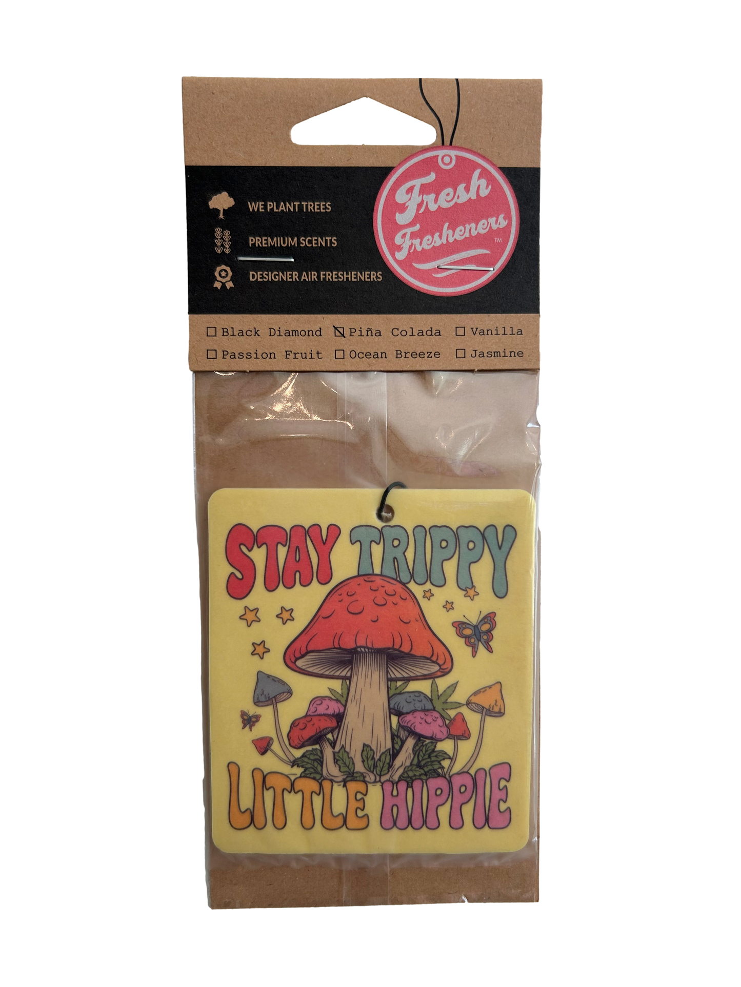Car air freshener packaging with 'Stay Trippy Little Hippie' design on a white background