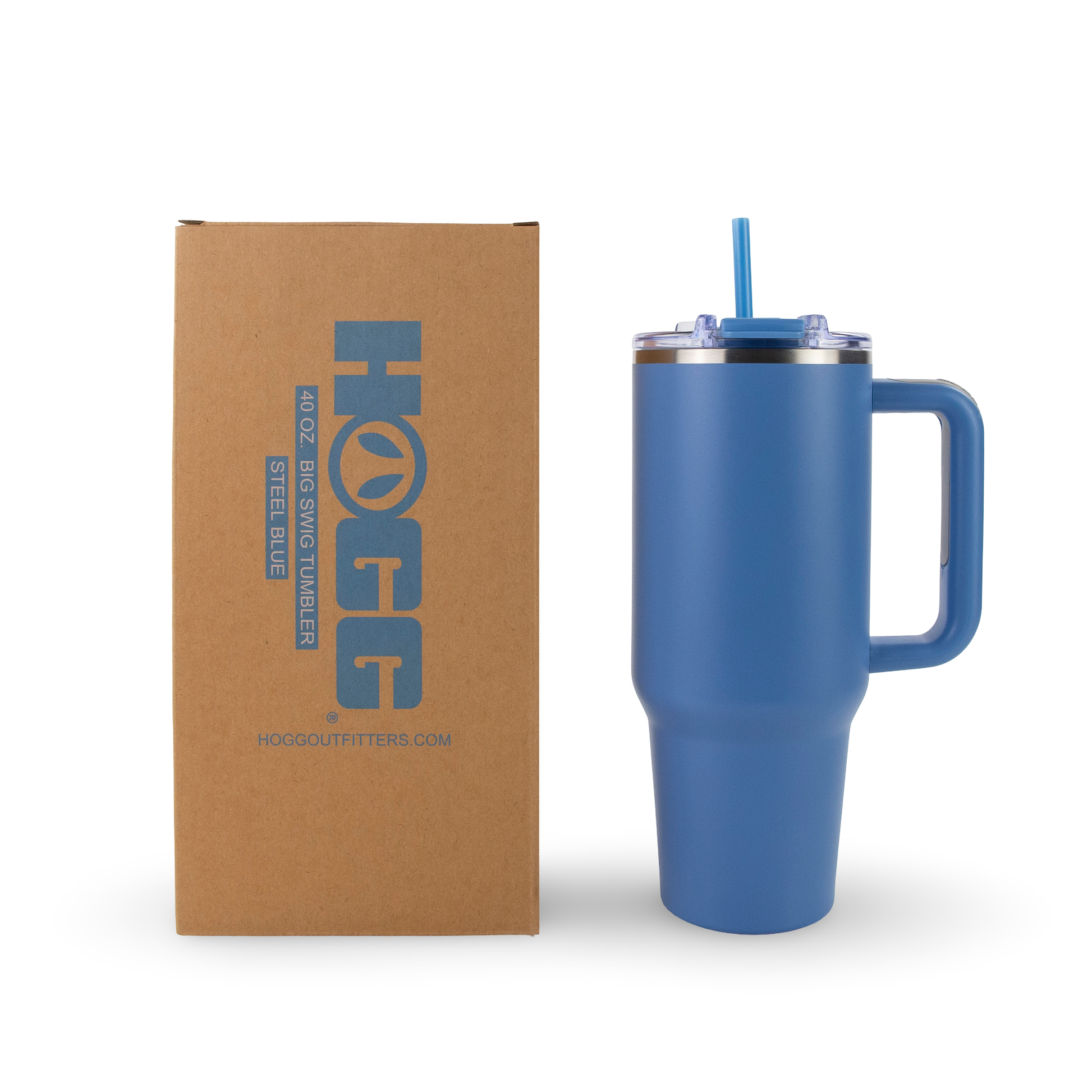 Blue insulated mug with handle and straw next to a cardboard box labeled 'HOGG Outfitters' on a white background.