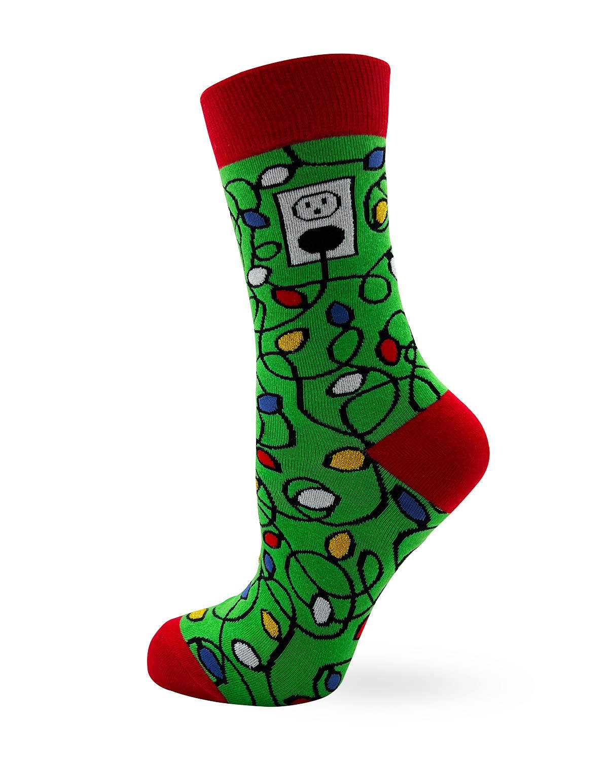 Green sock with colorful design and red accents on a white background