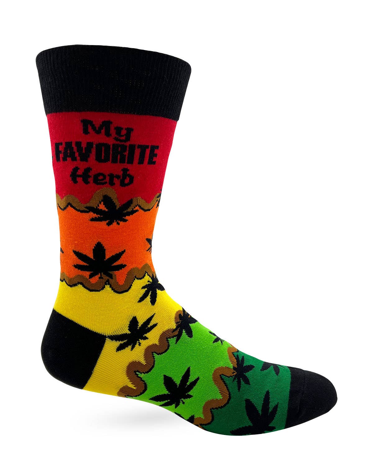 Colorful sock with 'My Favorite Herb' text and cannabis leaf patterns on a white background