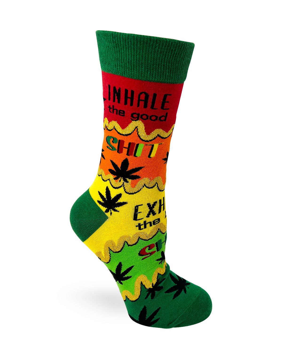 Colorful sock with text and leaf patterns on a white background