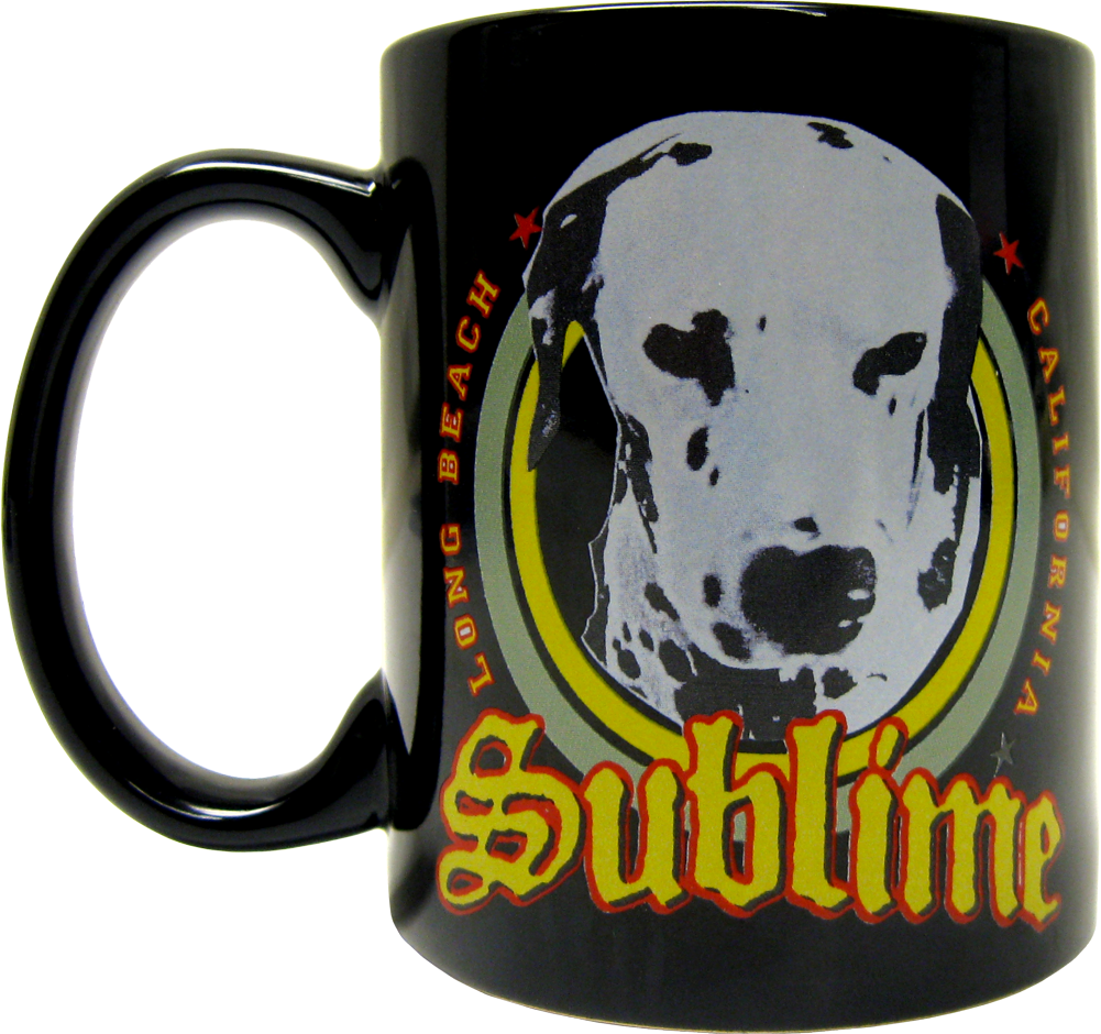 Black mug with a Dalmatian dog illustration and 'Sublime' branding on a white background