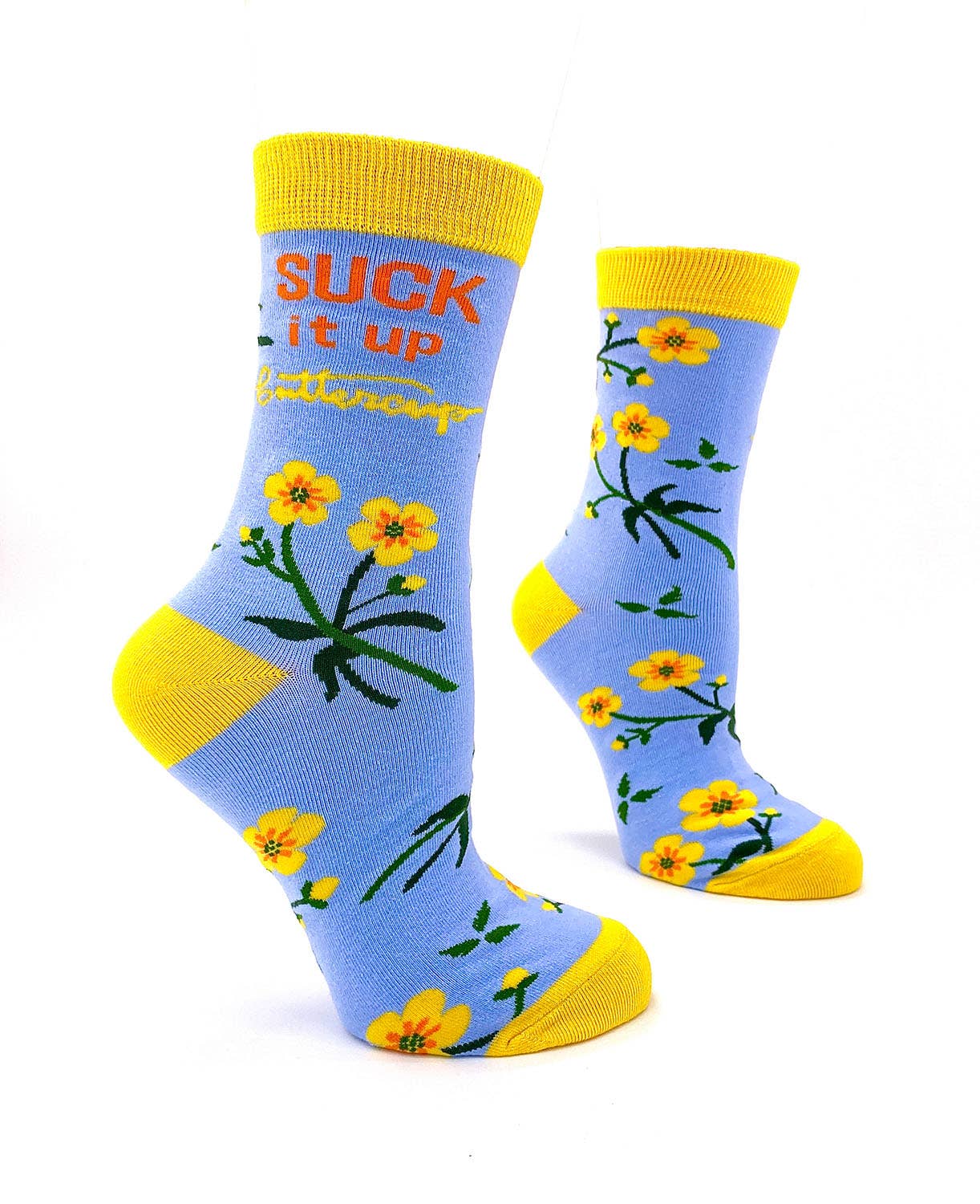 Blue socks with yellow flowers and text on a white background