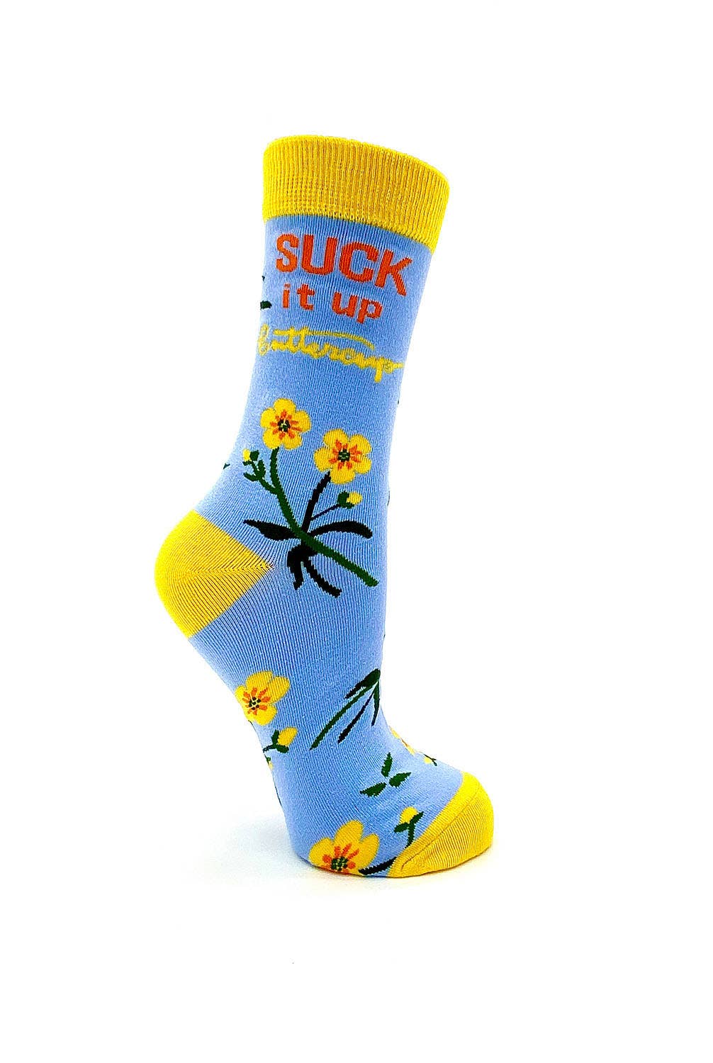 Colorful sock with floral design and text on a white background
