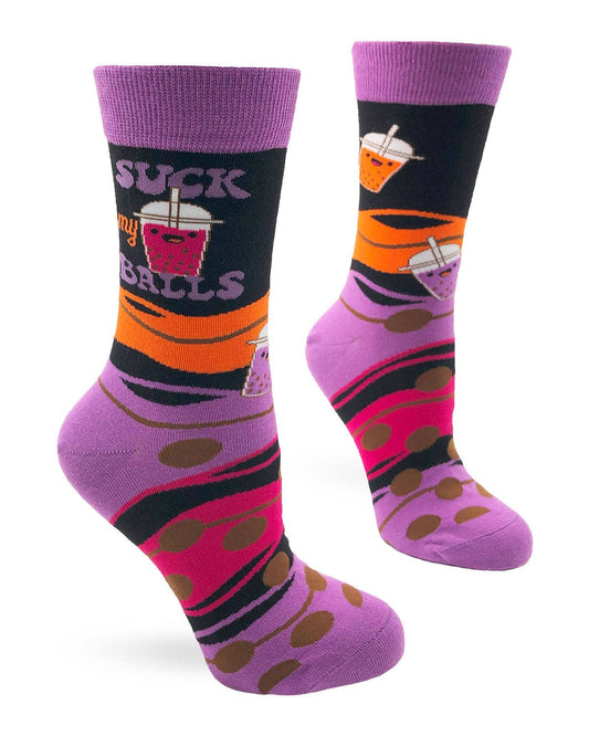 Colorful socks with graphic designs on a white background