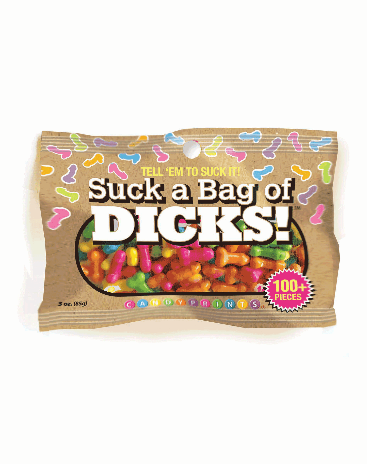Packaged candy with colorful text on a white background