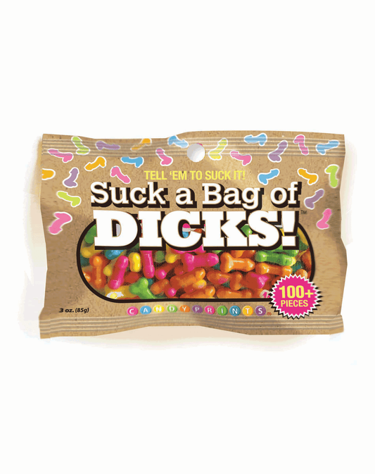 Packaged candy with colorful text on a white background