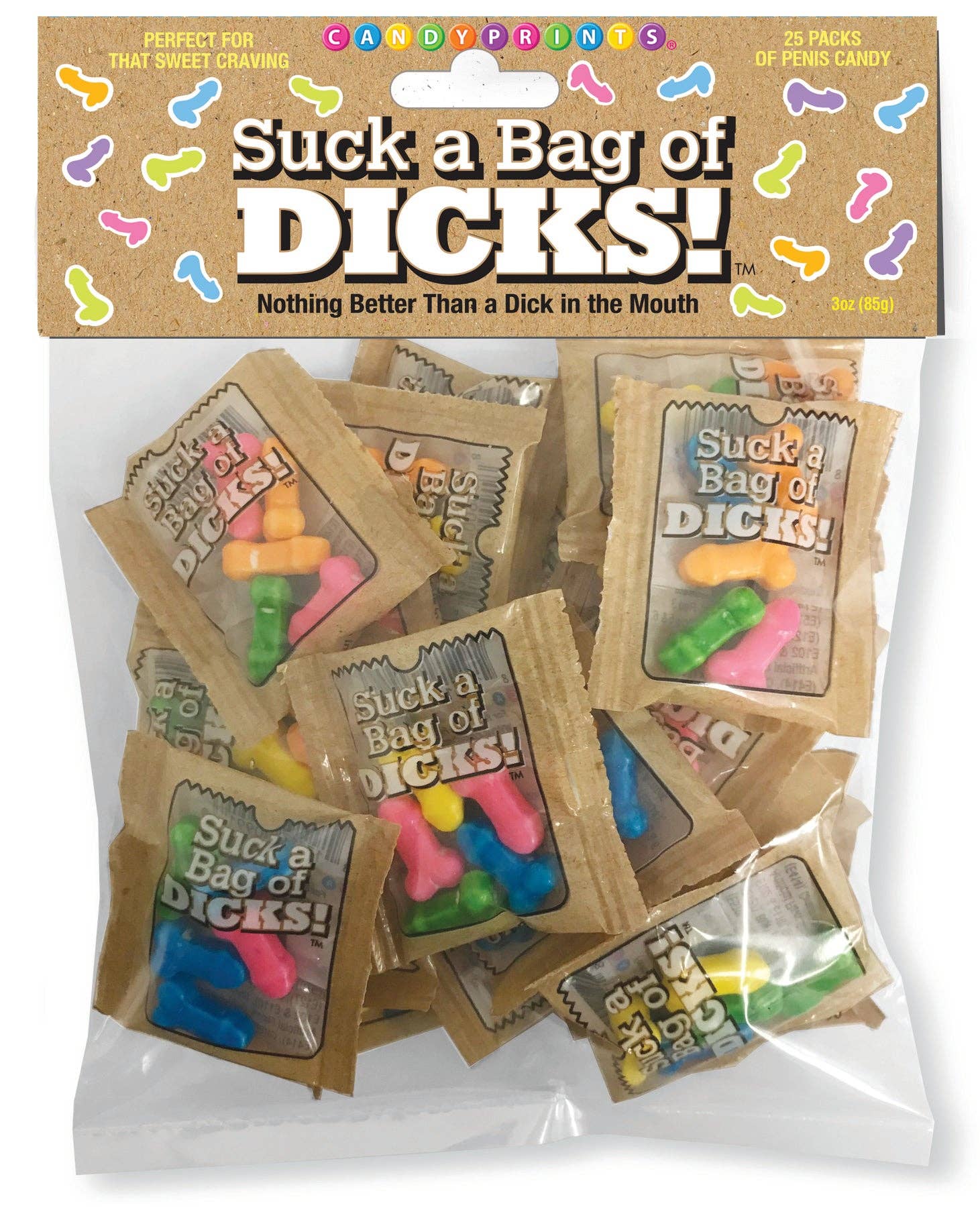 Packaged candy with 'Suck a Bag of Dicks!' text on a clear background
