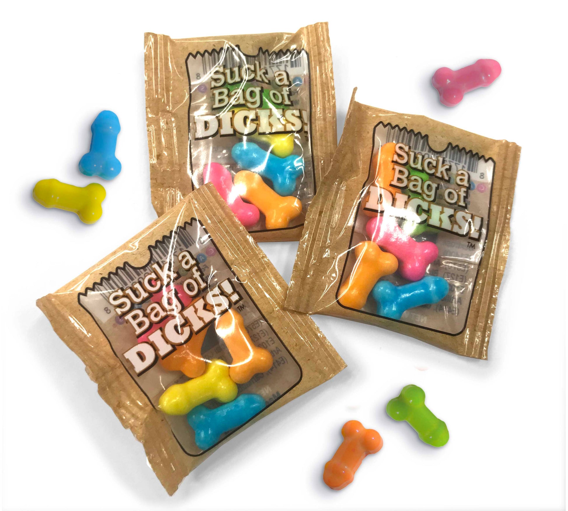 Three packages of 'Suck a Bag of Dicks' gummy candy with colorful gummies on a white background.